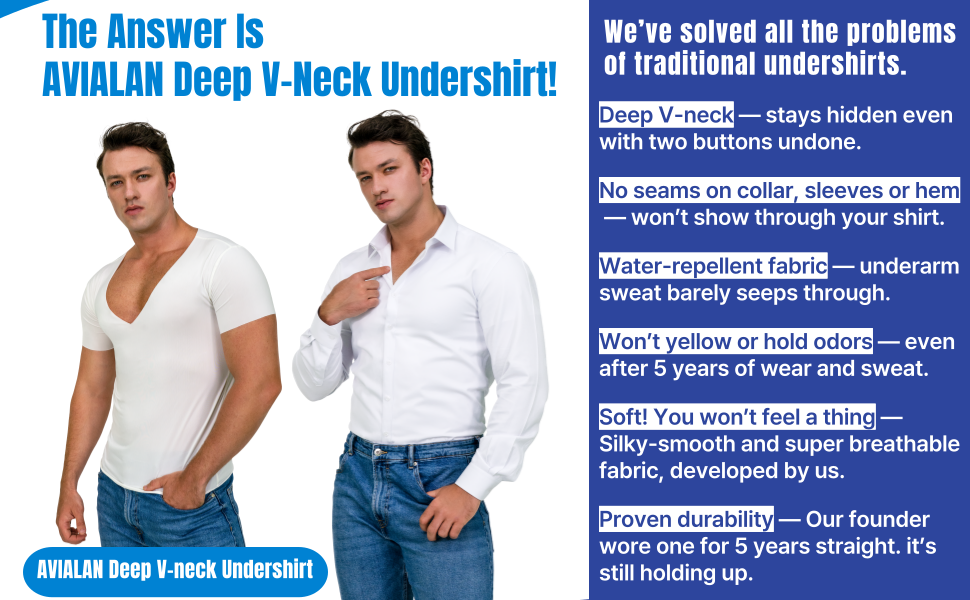 Men’s Deep V-Neck Sweatproof Undershirt – AVIALAN White Slim Fit Short Sleeve Tee Sizes XL to 3XLT for Big & Tall Men
