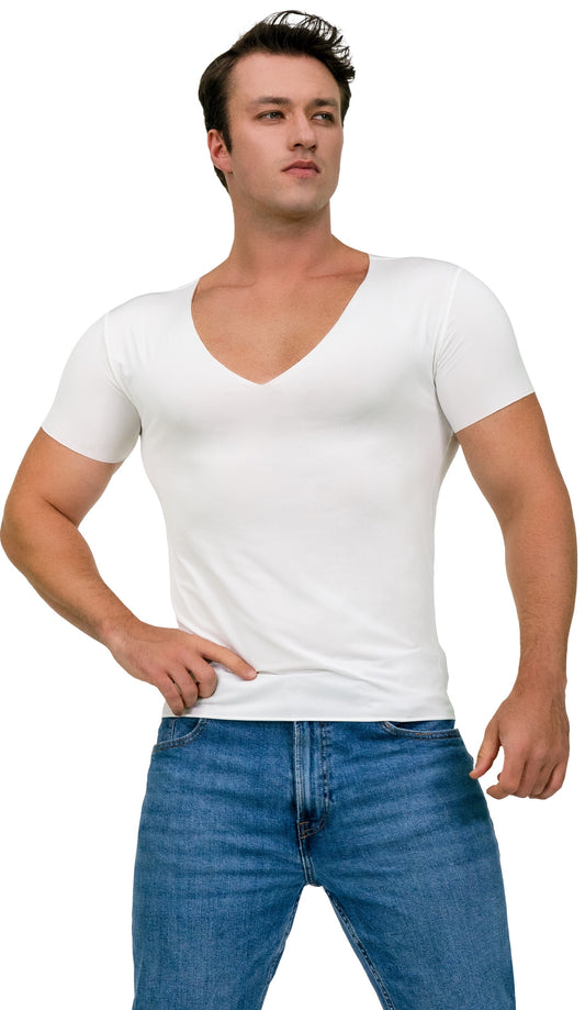 Men’s Deep V-Neck Sweatproof Undershirt – AVIALAN White Slim Fit Short Sleeve Tee Sizes XL to 3XLT for Big & Tall Men