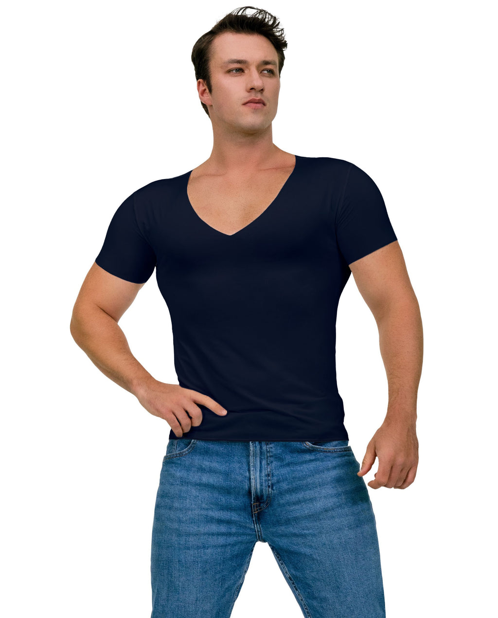[Black] Deep V Neck Undershirts for Men-Sweatproof,Anti-Odor,No-Yellowing