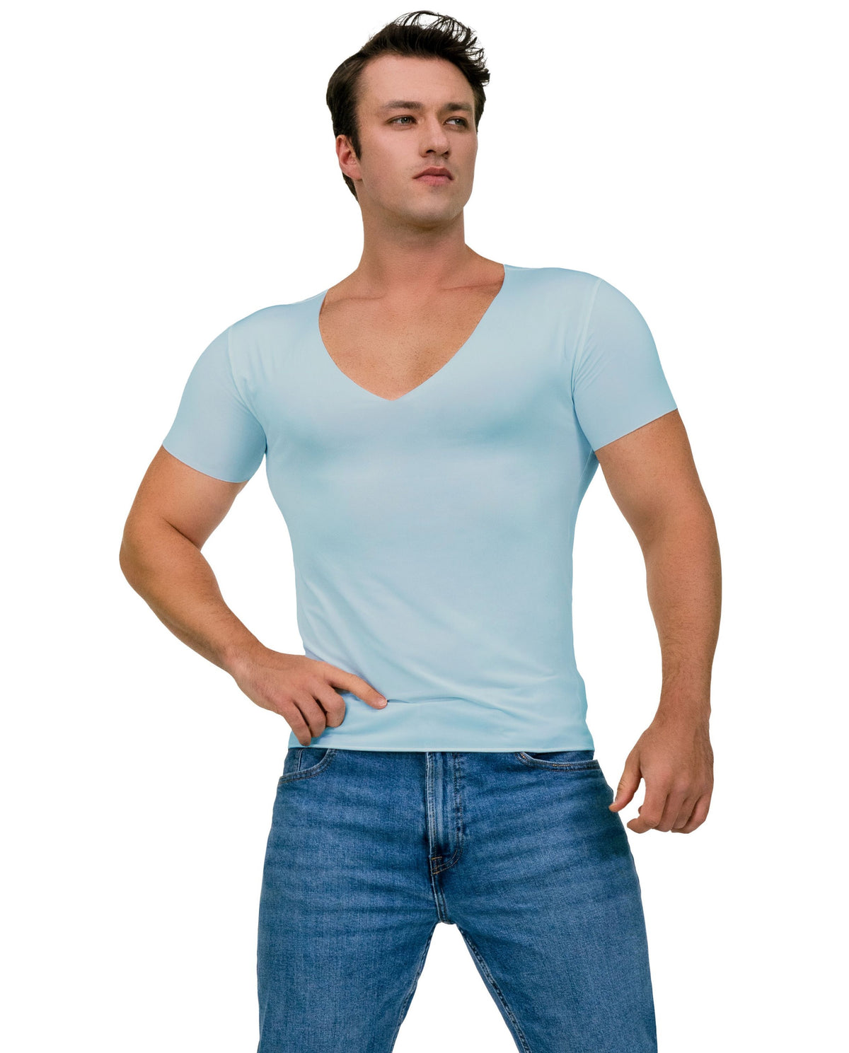 [Light Blue] Deep V Neck Undershirts for Men-Sweatproof,Anti-Odor,No-Yellowing (사본)